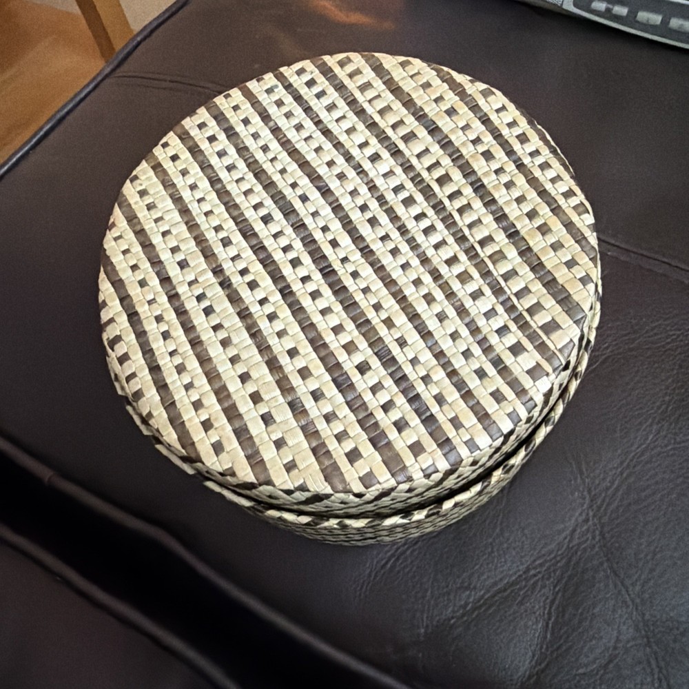 Palm Leaf Lidded Basket With Hand Weaved