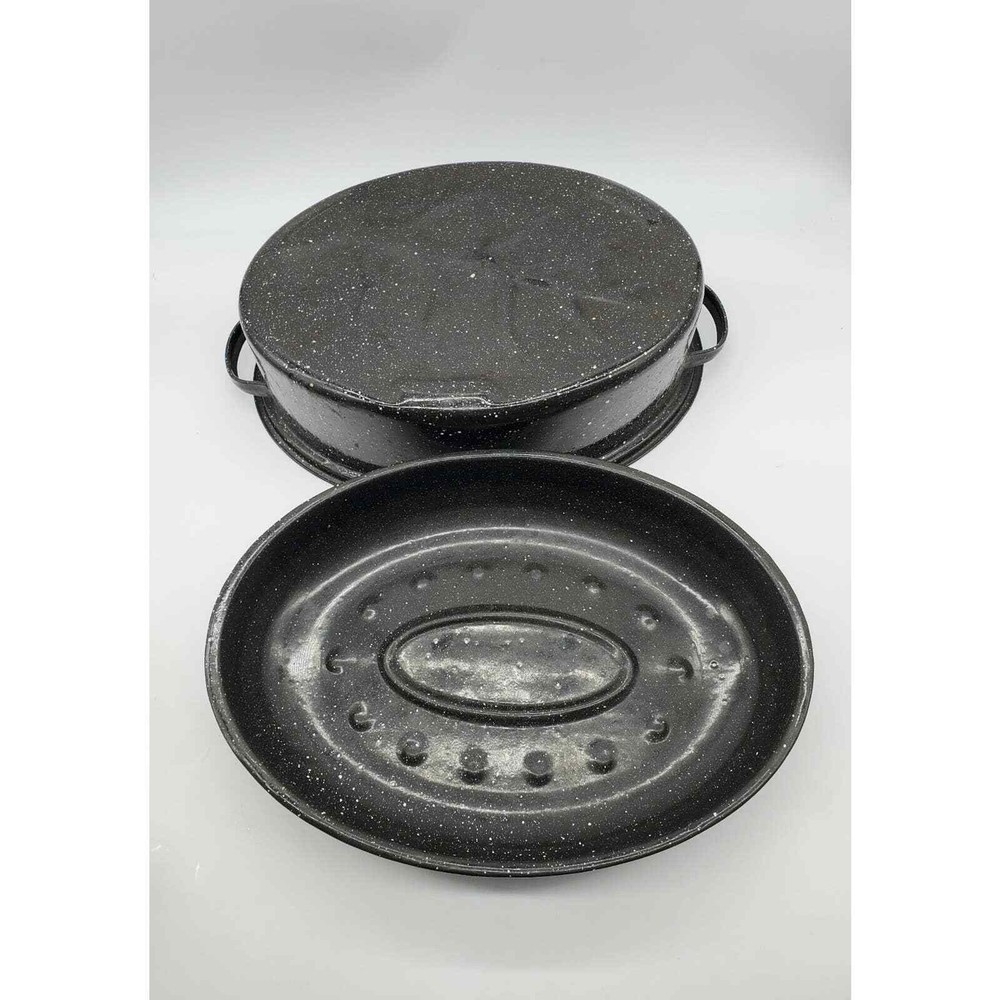 Large Black Speckled Enamelware Roasting Pan