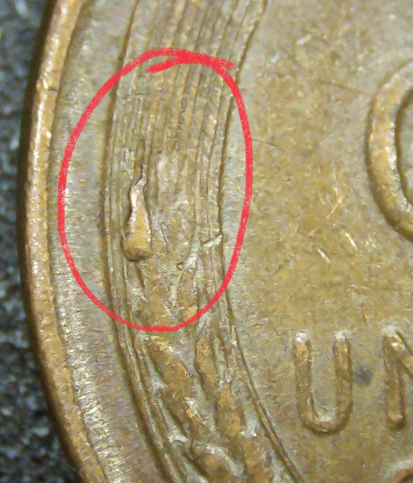 1955 D Lincoln Wheat Cent Rev Wheat Die Chip error.