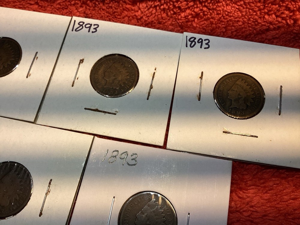FIVE 1893 INDIAN HEAD PENNIES