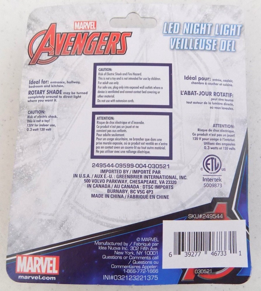 Marvel Avengers ~ LED Night Light ~ Plug-In ~ Iron Man - Hulk - Thor ~ New