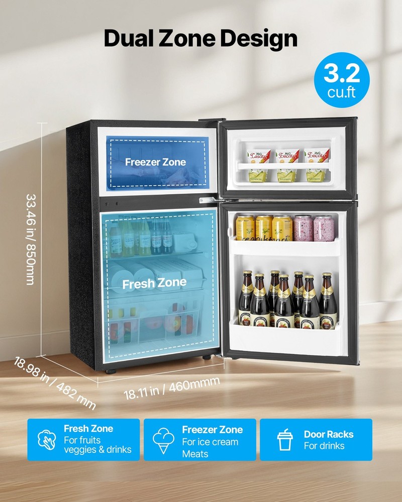 Mini Fridge Freezer 3.2 Cu.Ft Two Door Compact Refrigerator Adjustable Tem