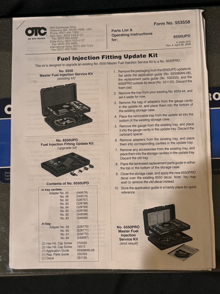 SPX OTC 6550UPD Professional Fuel Injection Fitting Update Kit