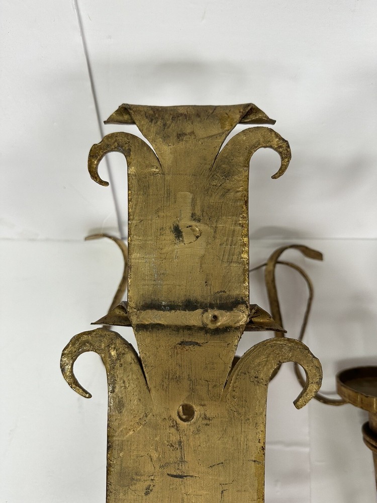 VINTAGE NEOCLASSICAL GOTHIC HAMMERED IRON GILT WALL SCONCES PAIR!!