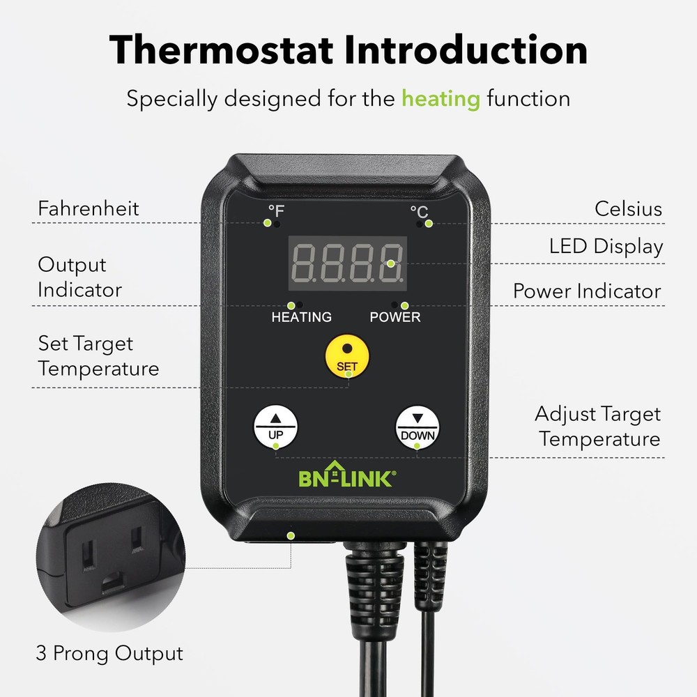 BN-LINK Reptile Thermostat Temperature Controller, Only, Black