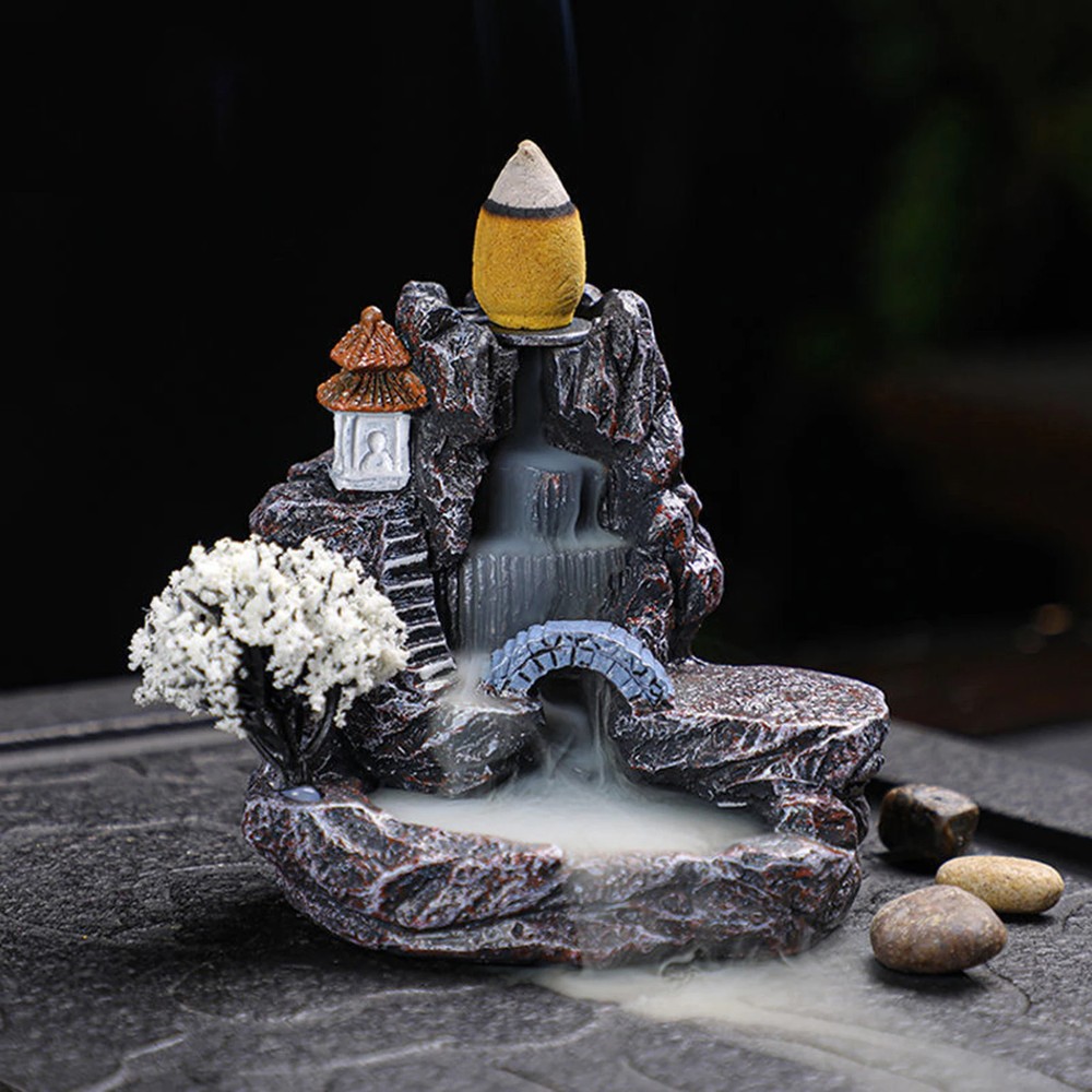 **Resin Backflow Incense Burner Waterfall Mountain River Aromatherapy Holder**