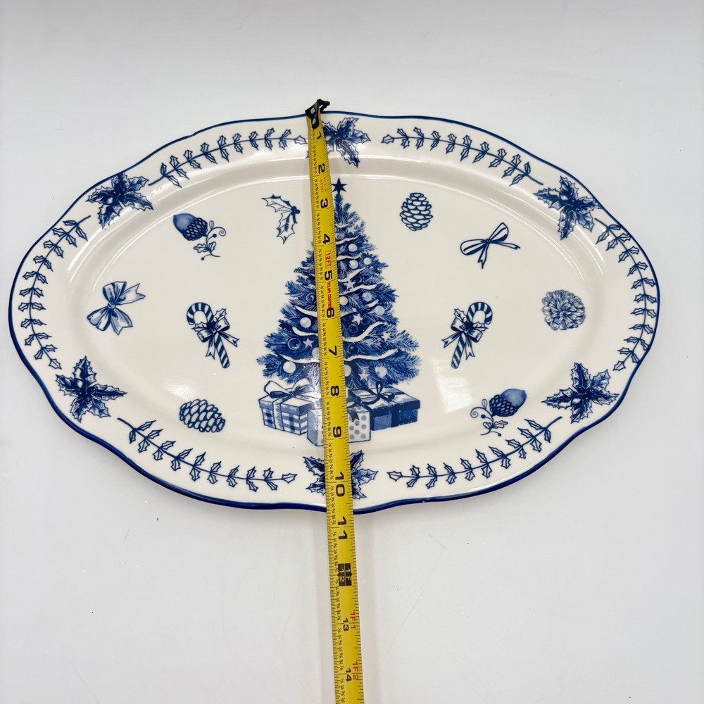 Potters Studio Blue White Christmas Tree Serving Platter Holiday Serving Dish
