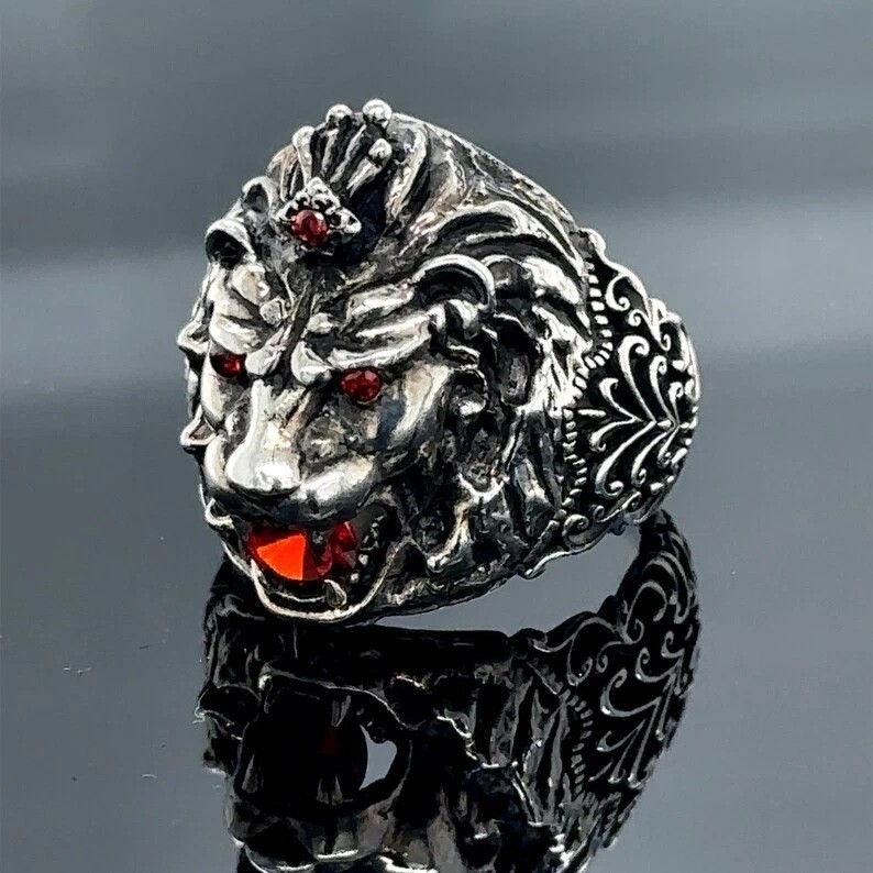 Silver 925 Ruby Eyes Leon Head Animal Signet Ring