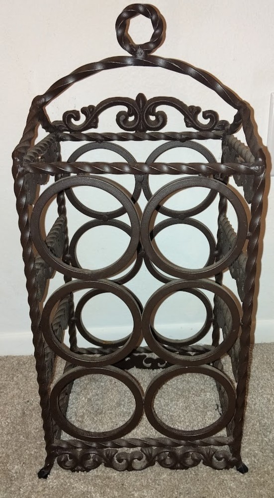 Vtg Solid wrought Iron Wine Rack scroll stand alone heavy dark brown 6 bottles