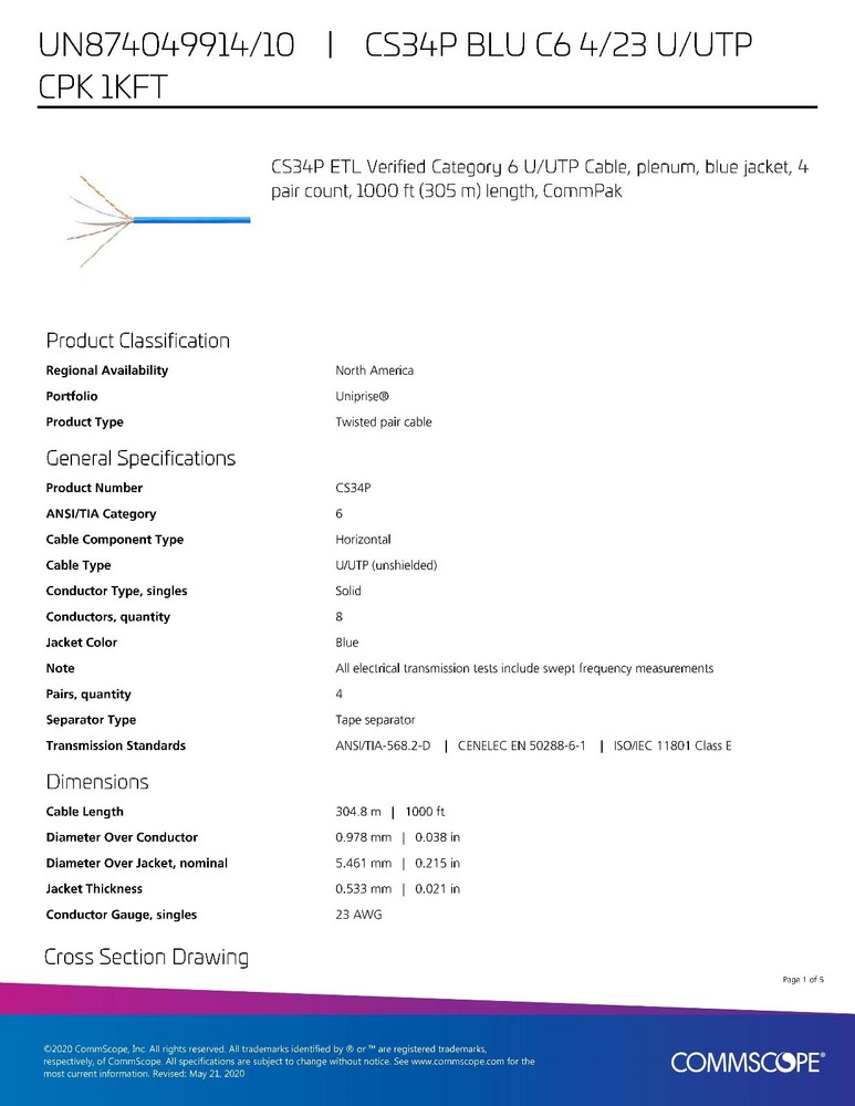 Commscope CS34P 23/4P Cat6 U/UTP WebTrak Plenum CMP Network Cable Blue /100ft