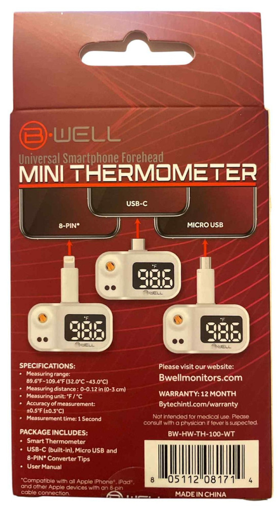 B Well Universal Smartphone Forehead Mini Thermometer NIB