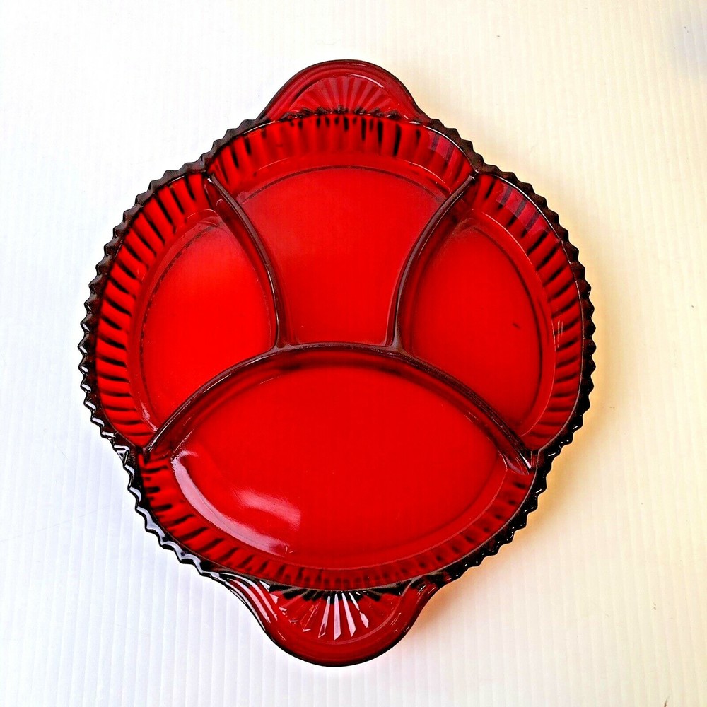 Ruby Red three Section Dish wh Scalloping on Side B5-30