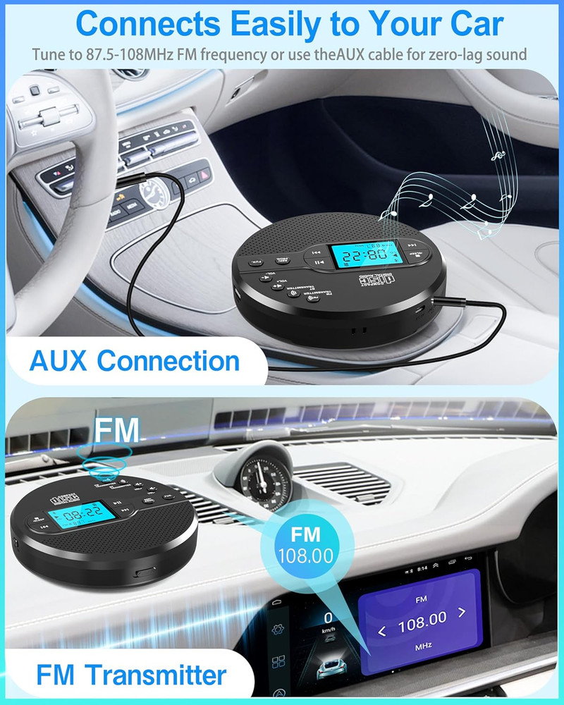 Portable CD Player with Bluetooth, Discman CD Player for Car with FM Transmitter