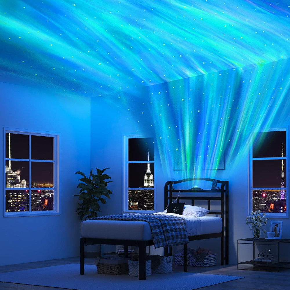 Twin Size Bed Frame with Storage Headboard & Star Projector, Easy Assembly