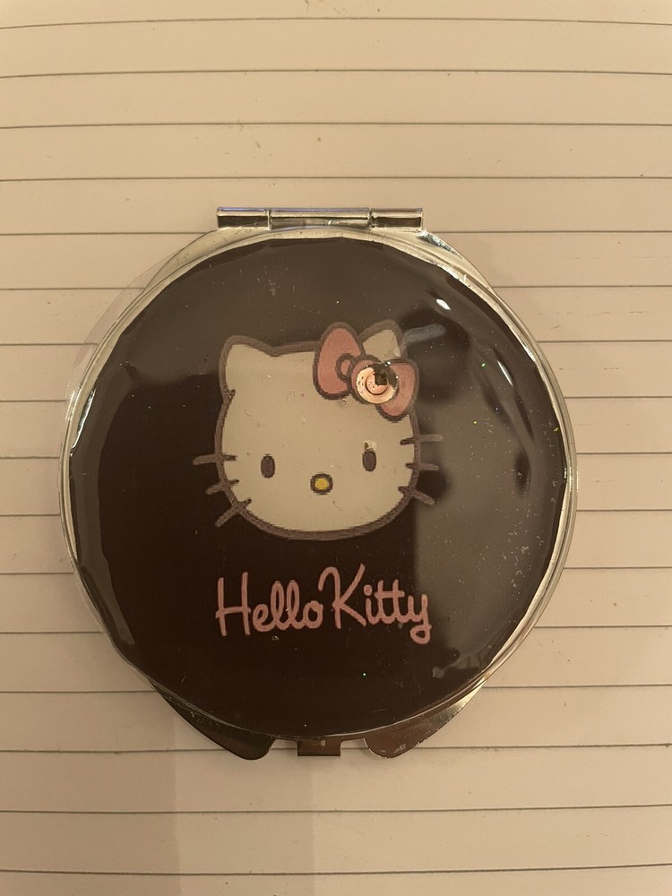 Retro Black Hello Kitty Small Silver Round Mirror Compact