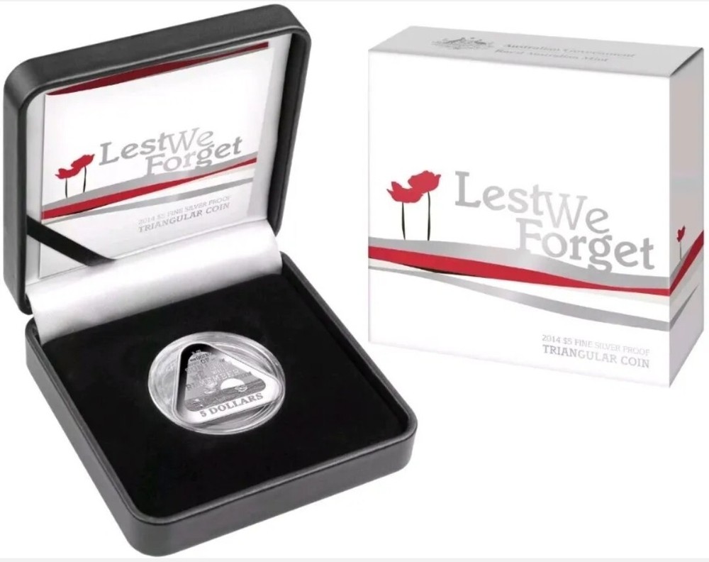 2014 $5 ANZAC Day LEST WE FORGET Triangular 22.23 Grams Silver Proof Coin.