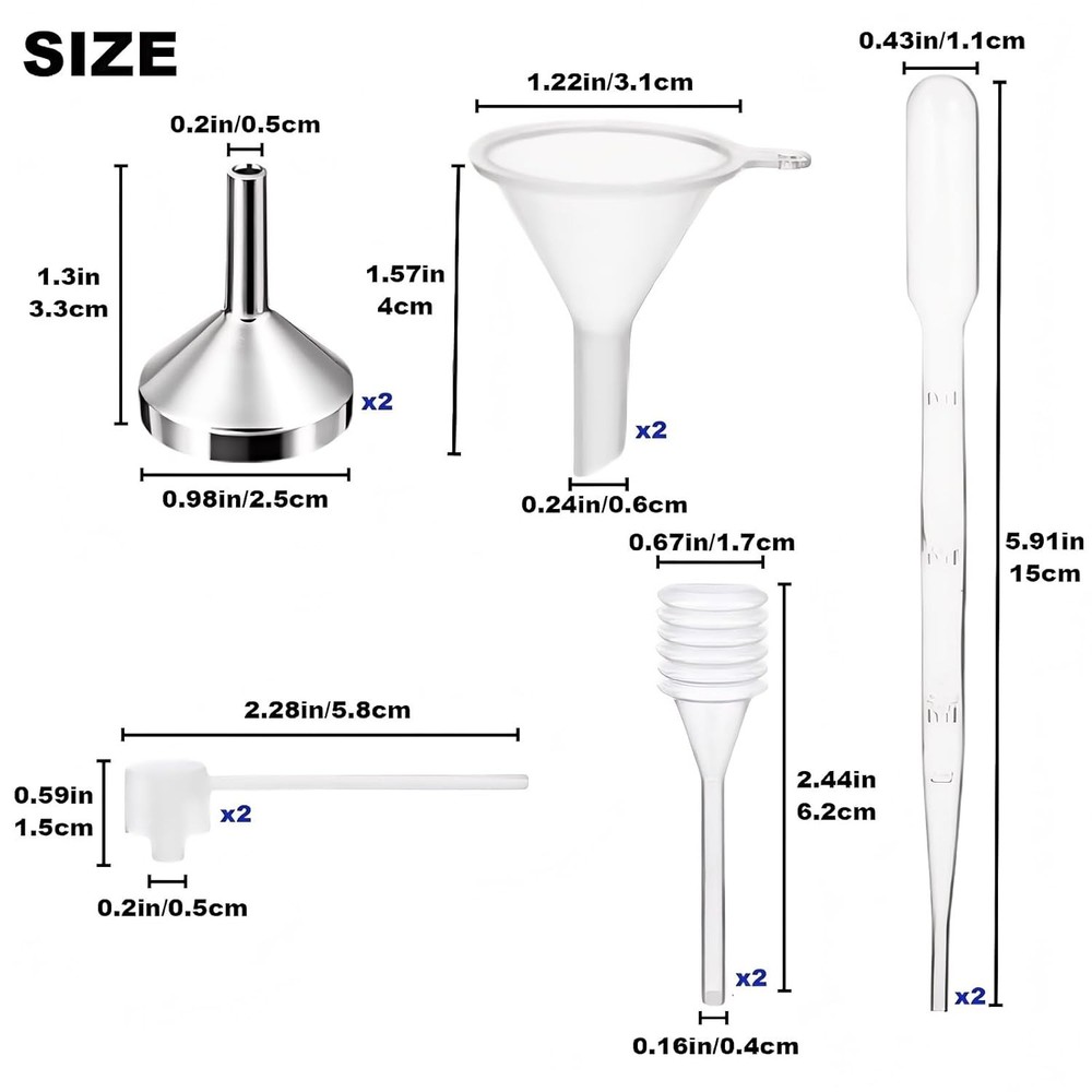 10Pcs Mini Funnels Sets, Aluminium Plastic Small Funnels with Mini Plastic Dropp