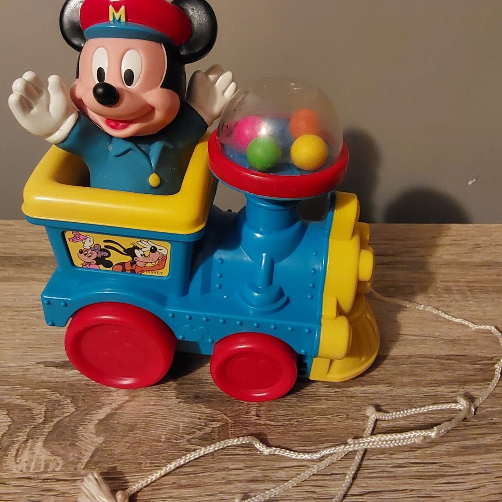 Vintage Plastic Disney Mickey Mouse on Train Pull Toy Balls Pop Up when pulled