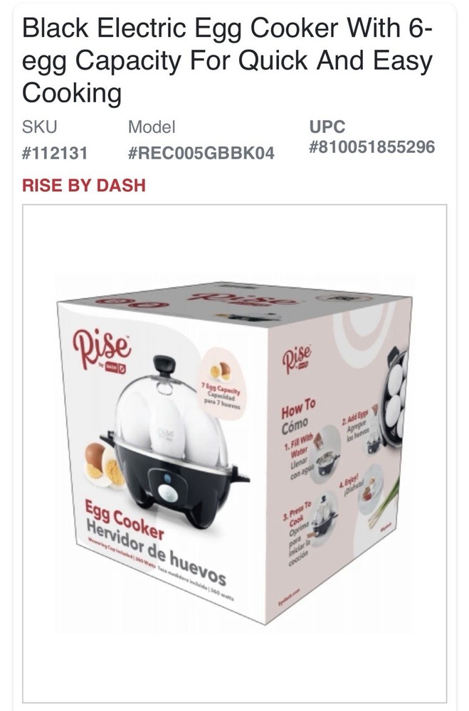 Rise By Dash Egg Cooker REC005GBBK04 New