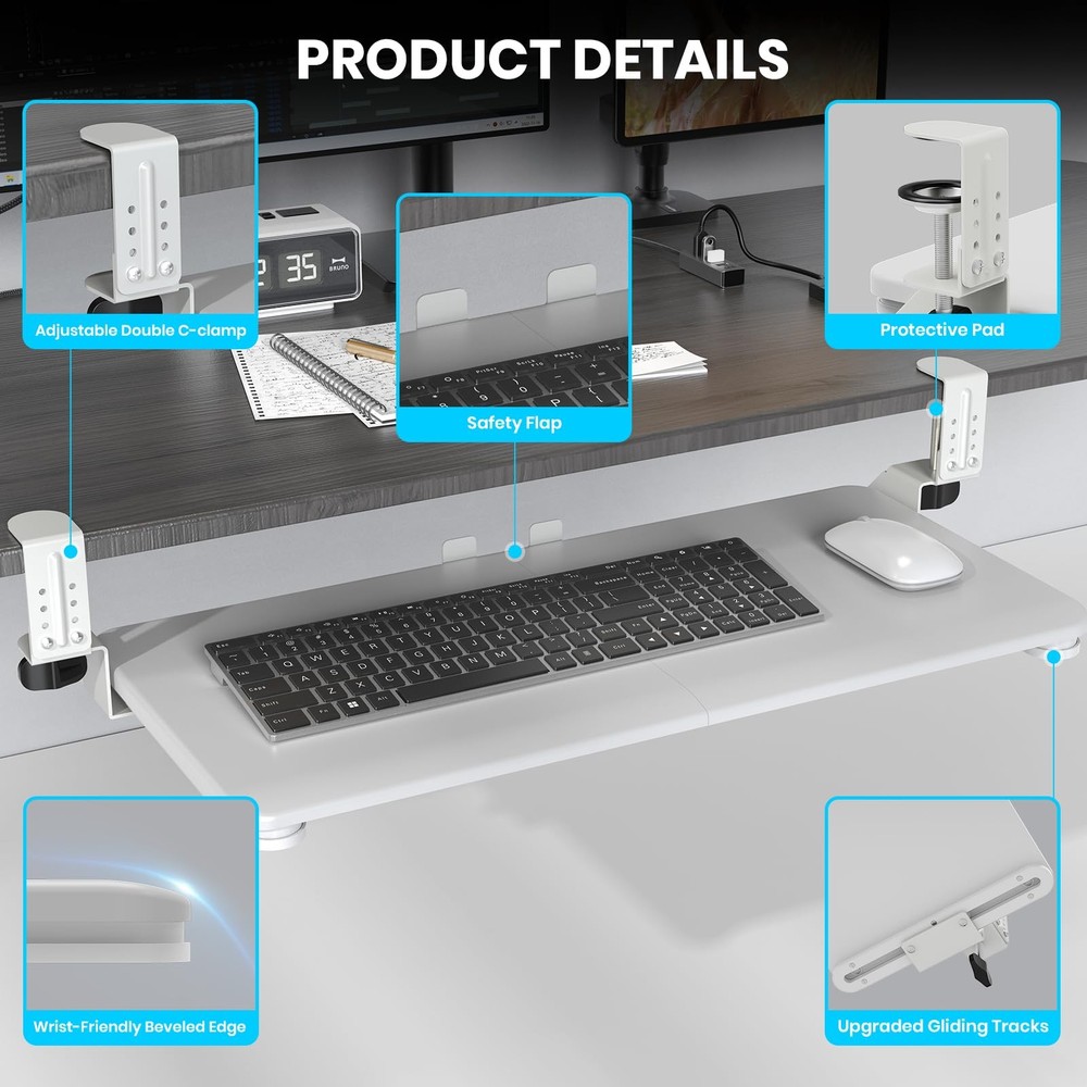 Keyboard Tray Under Desk, Pull Out Keyboard & Mouse Tray with Adjustable C-cl...