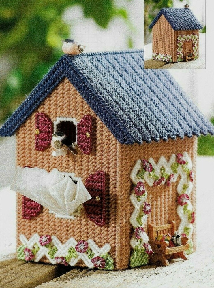 SPRINGTIME BIRDHOUSE TISSUE COVER HOME DECOR PLASTIC CANVAS PATTERN INSTRUCTIONS