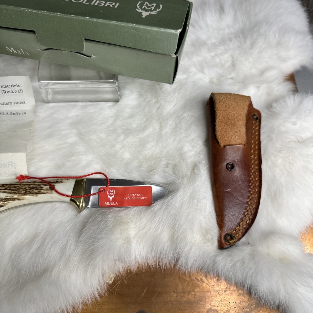 VINTAGE MUELA COM FIXED BLADE KNIFE / ORIGINAL LEATHER SHEATH / SPAIN