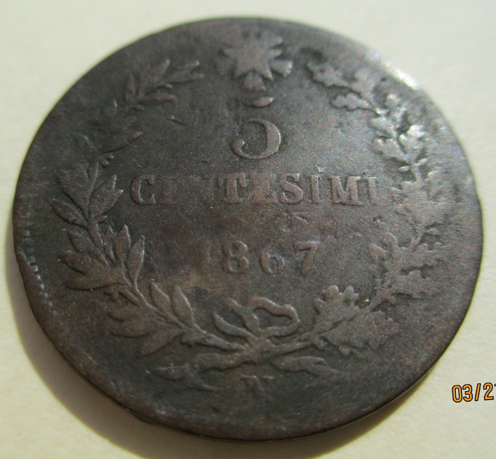 1867 N Italy 5 Centesimi coin