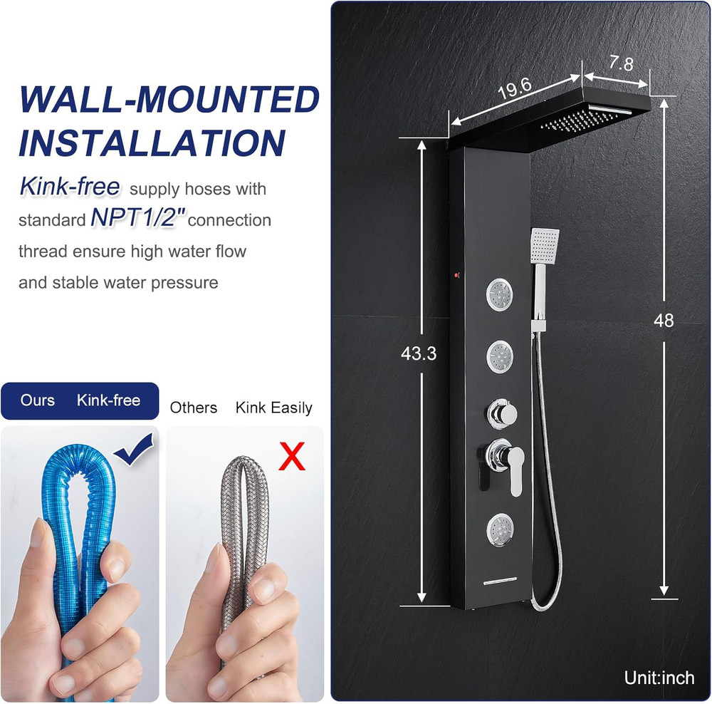 5-in-1 LED Shower Panel Tower System with Rainfall, Jets & Handheld Black Finish