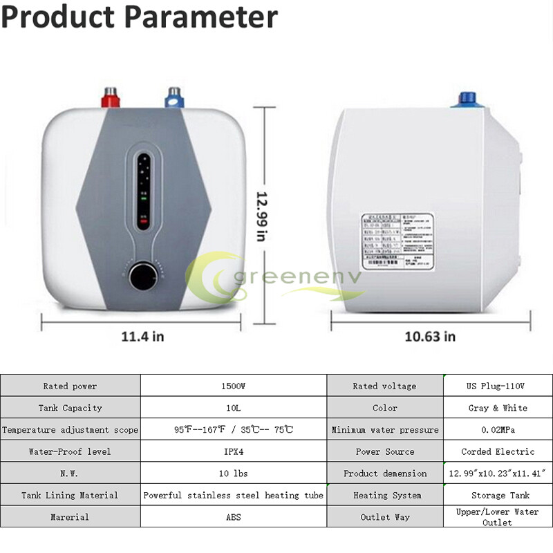 10L Mini Electric Tank Hot Water Heater Kitchen Bathroom Home 95°F-167°F 110V