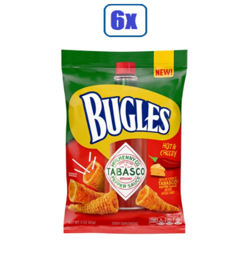 Full Box 6x Bags Bugles Tabasco Crispy Corn Snacks - 3oz Each
