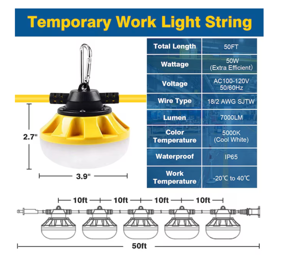 50FT 7000Lumen LED Temporary Construction String Work Lights MAX to 16 sets