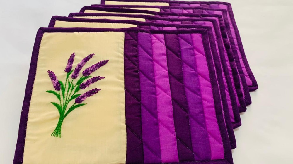Hand embroidered quilted Mug Rugs (6 rugs)