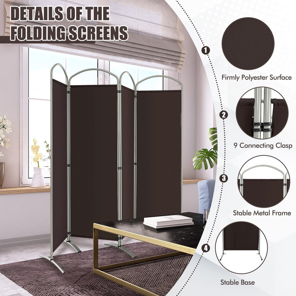 4 Panel Folding Privacy Screen, 6Ft Tall Room Divider, Freestanding Fabric Sc...