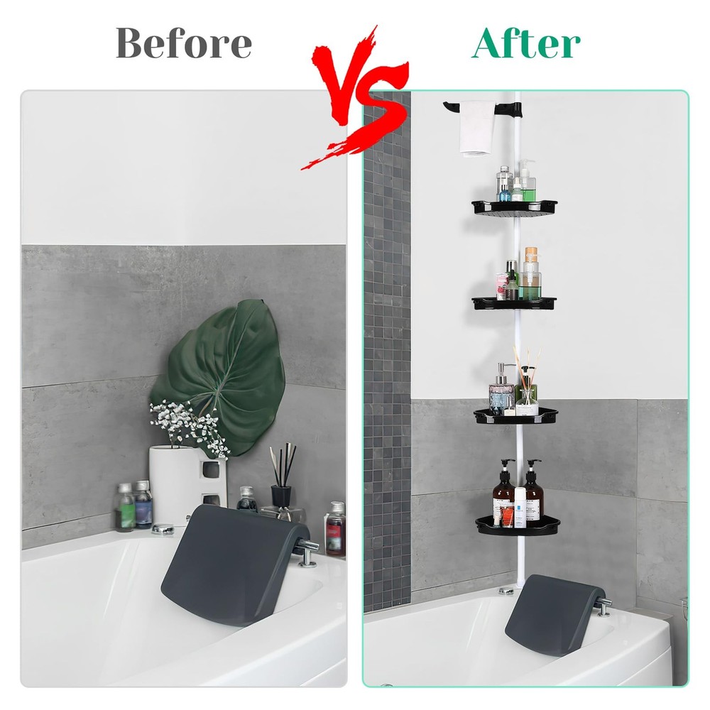 No Drill Shower Caddy Tension Pole, Rustproof Bathroom Corner Shelf Organizer...