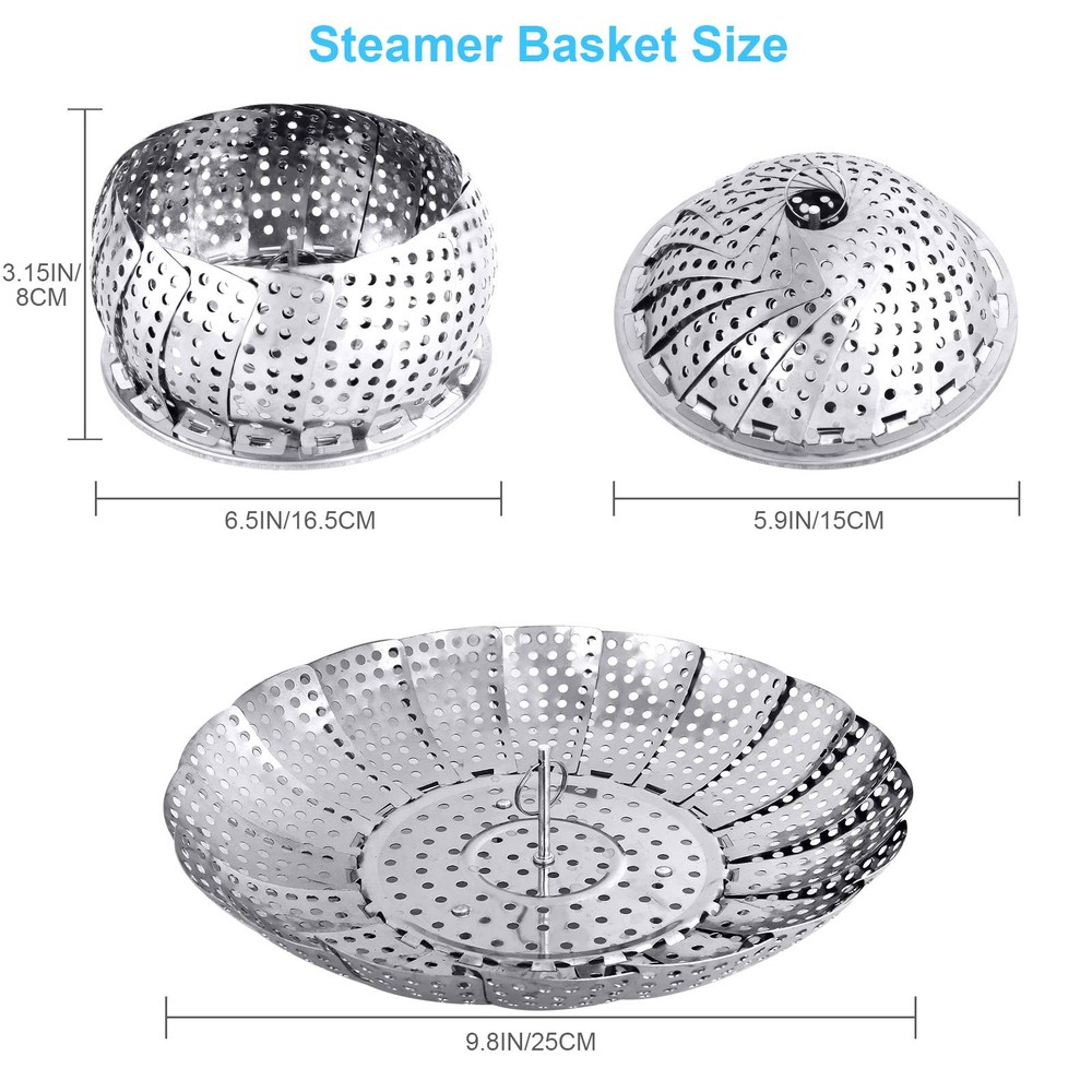 Veggie Vegetable Steamer Basket, Folding Medium: 5.9" to 9.8", Silver