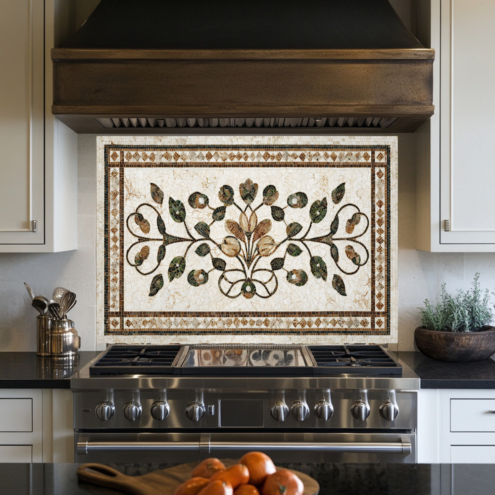 Mediterranean Mosaic Look Glass Backsplash Panel–Olive Branch Kitchen Backspla