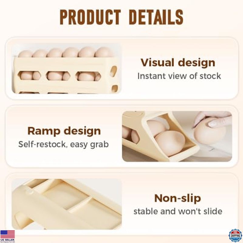 4-Tier Automatic Rolling Egg Holder - White Organizer for 30 Eggs - Kitchen