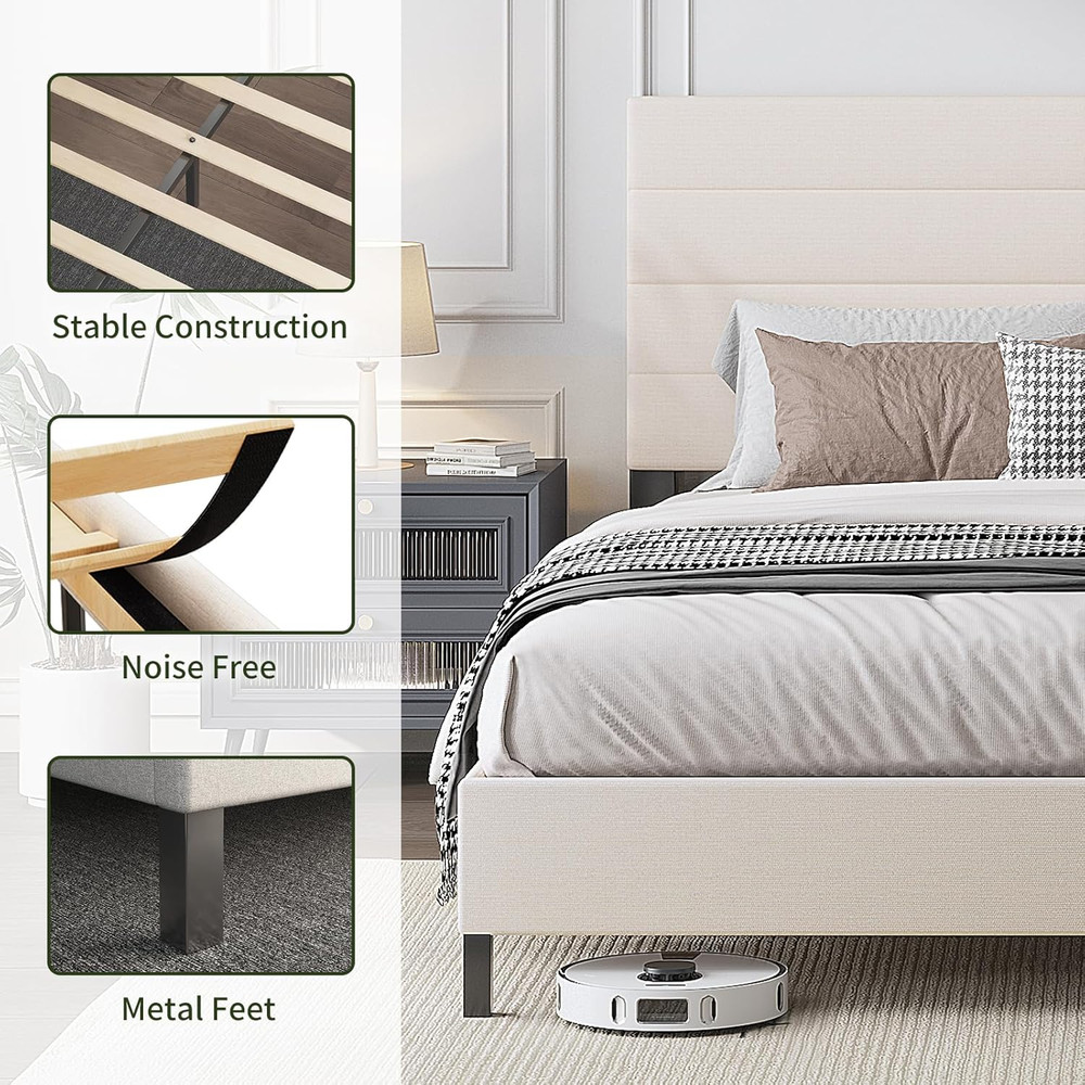 King Size Bed Frame, Modern Upholstered Bed Frame King with Adjustable Linen Hea