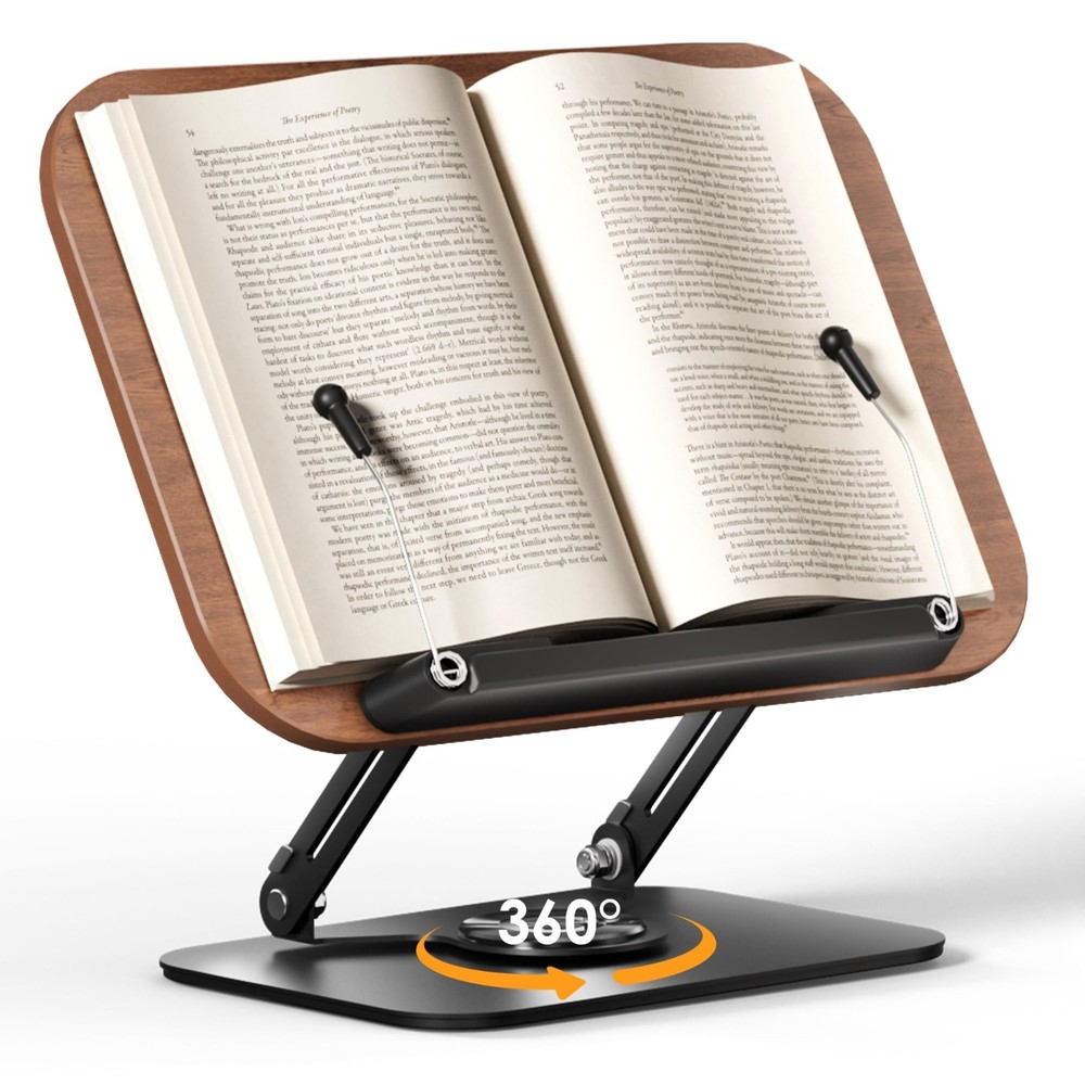 Adjustable Book Stand with 360° Rotation, Foldable Design, Elastic Clips - Ideal