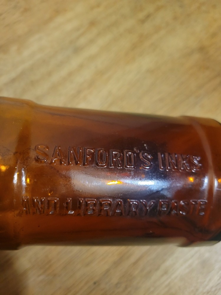 SANFORD'S INKS & LIBRARY PASTE PINT HAND BLOWN 7" TALL BOTTLE AMBER