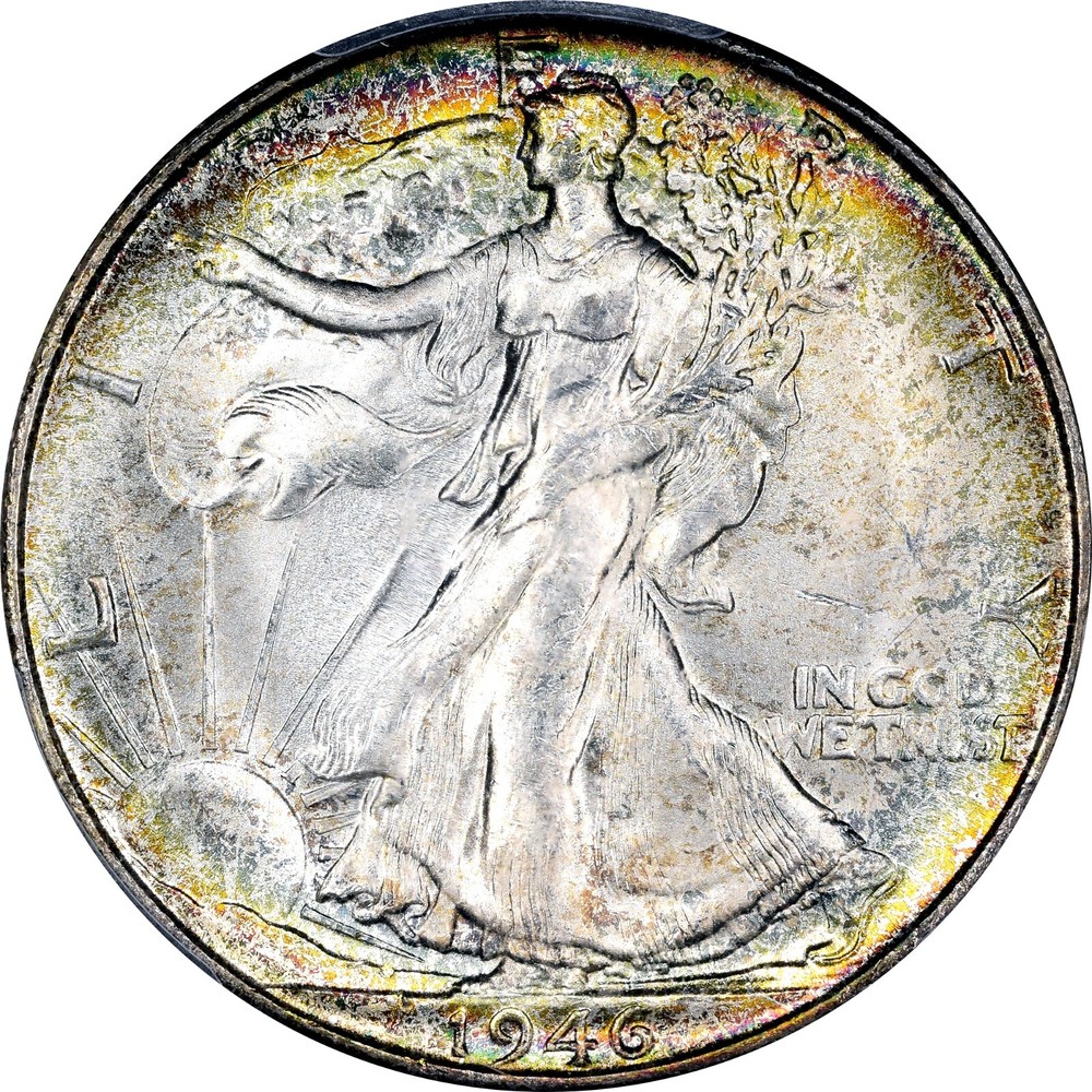 1946s PCGS MS65  BEAUTIFUL Rainbow Toning Silver Walking Liberty Half Dollar EE
