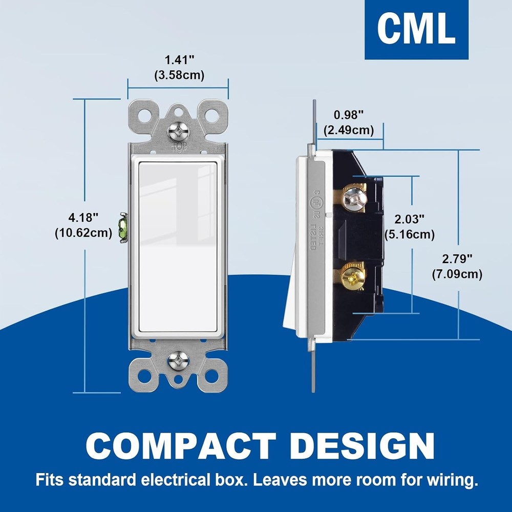 CML Single Pole Decorator Light Switch, 20 Pack Rocker Paddle Wall Switch, 15A 1
