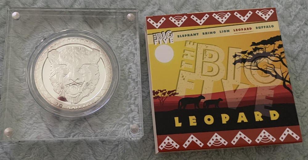 Big 5 Leopard - 2019 Sierra Leone $20 2oz Silver High Relief w/ Display Case