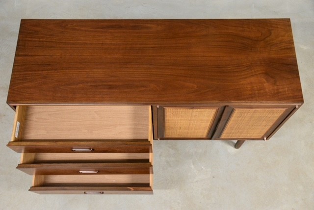 Refinished 52” Walnut and Cane Credenza by Founders