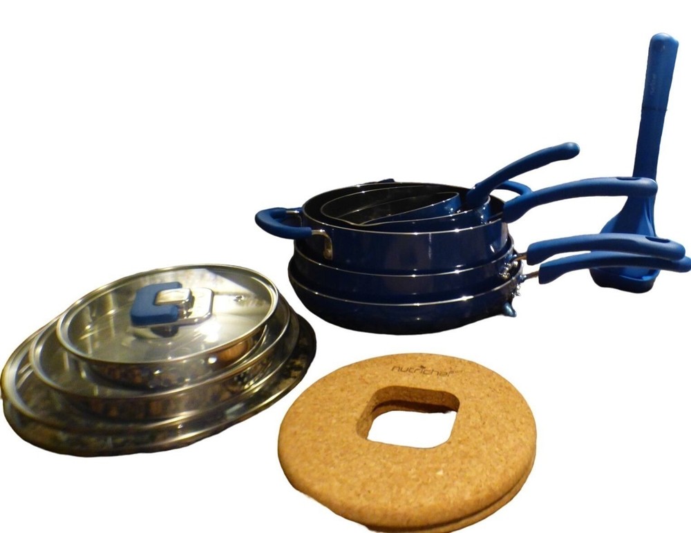 NutriChef Kitchenware 17-pc Non-Stick Space Saving Cookware Set, Blue