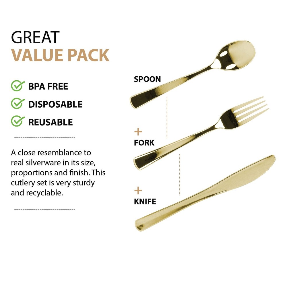 Gold Plastic Silverware Set, 160 Count, Extra Heavy Duty Flatware, Disposable...