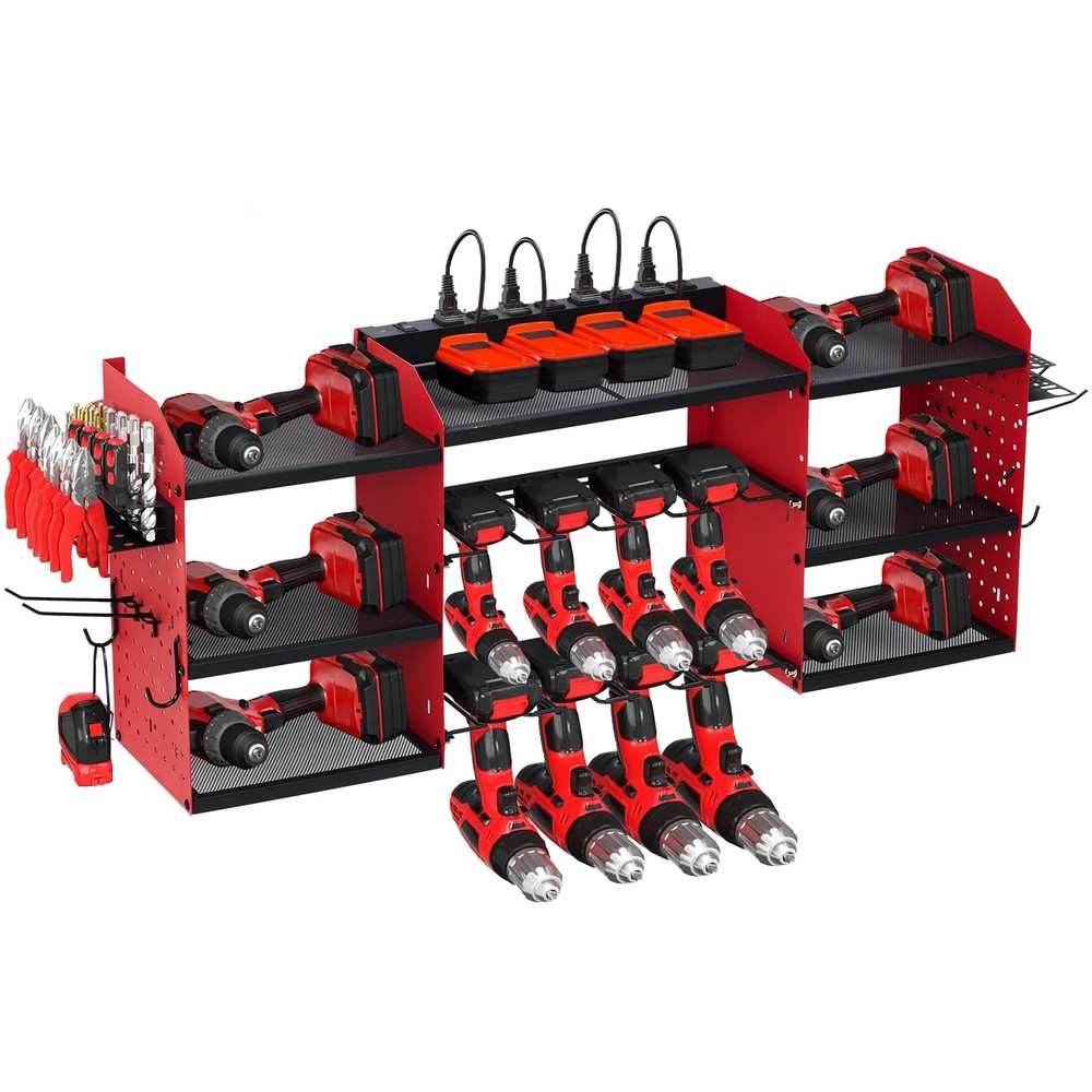 Power Tool Organizer Wall Mount 3-Layer Garage Rack 8 Outlets Drill Storage Hook