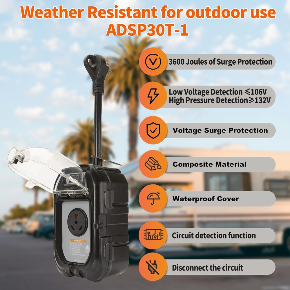 30Amp RV Surge Protector, EMS Surge Protected Time Delay Auto Shut w/ Cover