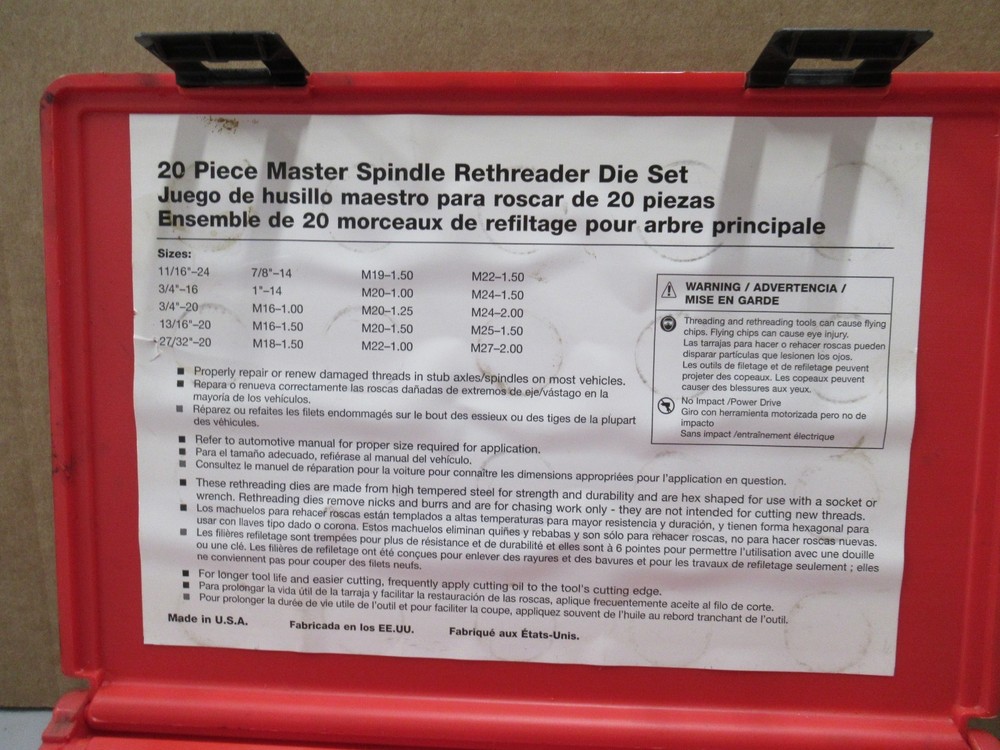 Matco Tools 20 Pc Master Spindle Rethreader Die Set SR20K USA
