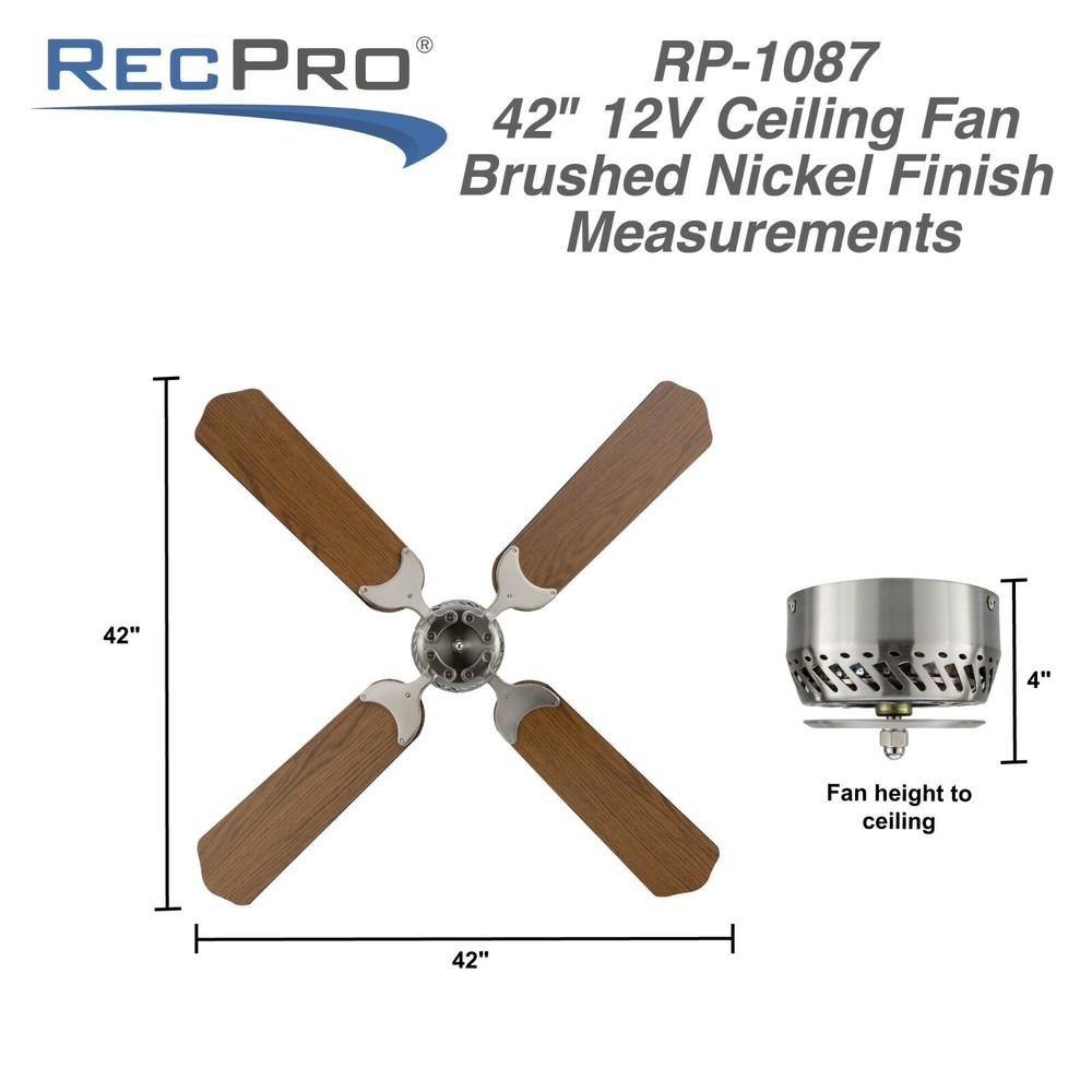 RV Ceiling Fan 12V 42" Brushed Nickel Finish 4 Blade with Wall Switch